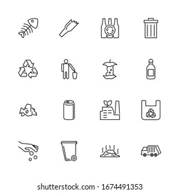 Garbage, Rubbish, Dump outline icons set - Black symbol on white background. Garbage, Rubbish, Dump Simple Illustration Symbol - lined simplicity Sign. Flat Vector thin line Icon - editable stroke