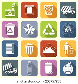 Garbage rubbish green recycling symbols flat interface icons set isolated vector illustration