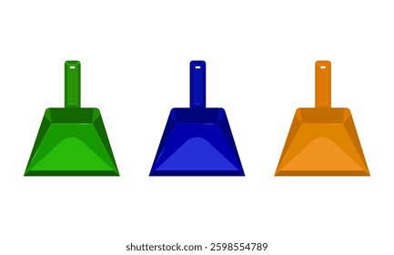 Garbage scoops. Garbage scoops of green, blue and orange colors. Isolated on white background. Vector illustration.