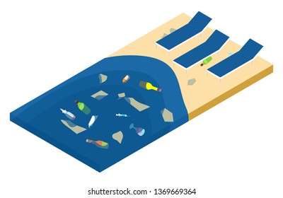 Basura en el mar y en la playa, concepto de vector isométrico de contaminación del océano