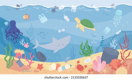 Garbage in sea, plastic pollution, underwater ocean with trash. Marine animals animals swimming in polluted water, undersea with floating rubbish vector illustration