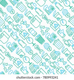 Garbage seamless pattern with thin line icons: garbage bin, organic trash, garbage truck, glass, recycled paper, aluminium, battery, plastic bottle. Modern vector illustration.