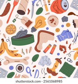 Garbage seamless pattern, waste Sorting, Different Types of Garbage, Paper, Plastics, Metal, Glass, Organic, E-Waste, Vector Illustration