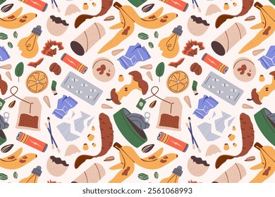 Garbage seamless pattern, waste Sorting, Different Types of Garbage, Paper, Plastics, Metal, Glass, Organic, E-Waste, Vector Illustration