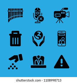 garbage, seeds, warning, boss, panpipe, microphone, smartphone, world in your hands and video camera vector icon. Simple icons set