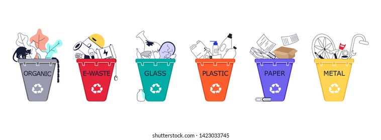 Garbage separation collection and recycling isolated on white background. Set logo symbols of Trash in garbage cans with sorted rubbish. Flat Outline Art Vector illustration