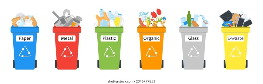 Garbage separation management, flat trash containers with organic, metal and paper waste. Isolated plastic bins, recycling decent vector concept