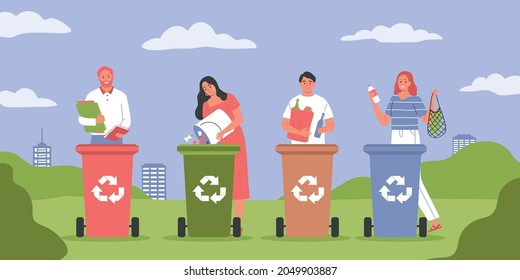 Garbage separation recycling composition with outdoor park scenery with cityscape and people with colorful waste bins vector illustration