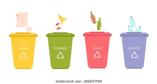 Garbage separation set, bin with trash to separate vector illustration. Cartoon infographic educational classification collection with dustbin containers, sorting recycle garbage isolated on white