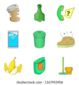 Garbage service cleaning icon set. Cartoon set of 9 garbage service cleaning vector icons for web design isolated on white background