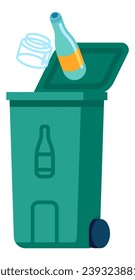 Garbage service. Rubbish sorting. Waste recycling. Dustbin for glass pollution. Recyclable bottles. Refuse collecting. Environment conservation. Green container. Vector