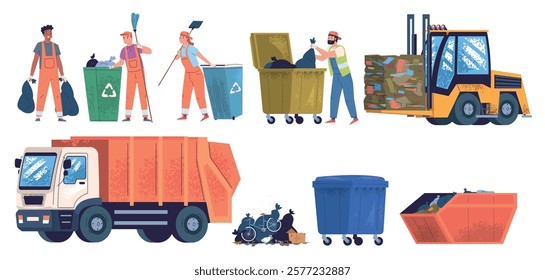 Garbage service workers. Rubbish management workers, janitors city cleaning company dustman collector collect and sorting trash waste bin in track, set classy vector illustration original artwork