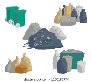 Garbage set. Bags, cans, bins, containers and pile of trash. Isolated objects on white background. Garbage recycling and utilization equipment. Vector illustration