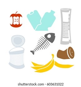 Garbage set. Rubbish icon collection. trash sign. litter symbol. peel from banana and stub. Tin and old newspaper. Bone and packaging. Crumpled paper and plastic bottle
