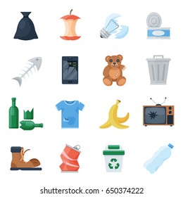 Garbage set, sort of waste management, recycling system, appliance and food scraps, clothing. Vector flat style cartoon illustration isolated on white background