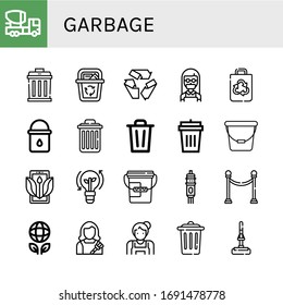 garbage simple icons set. Contains such icons as Mixer truck, Garbage, Recycle bin, Recycle, Maid, Recycled bag, Water bucket, Delete, Bin, can be used for web, mobile and logo