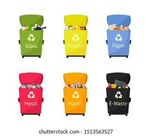 Garbage sorting bins flat vector illustrations set. Waste recycling isolated cliparts pack on white background. Trash bins for plastic, glass, paper materials reuse cartoon design element