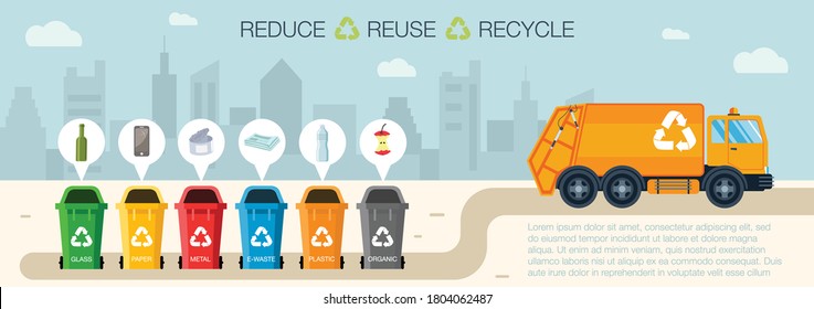 Garbage sorting bins infographic recycling concept. Green Industrial Recycle Process Infographic Illustration, book print, education awareness poster and other. concept clean city. Waste managment