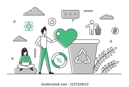 Garbage sorting and collecting for recycling process. Innovative waste management policy vector monocolor illustration