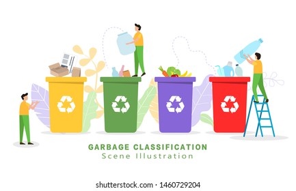 Garbage sorting and garbage collection - vector illustration，small little people throw garbage in containers. Sorting Garbage Waste. Plastic, paper, organic. e-waste. Environmental protection, ecology