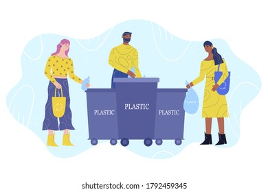 
Garbage sorting concept. A group of young people throws plastic in a trash bin. Cartoon style. Vector illustration.