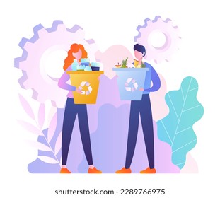 Garbage sorting concept. Man and woman with containers. Sorting and recycling, zero waste concept. Caring for ecology and environment. Volunteers and activists. Cartoon flat vector illustration