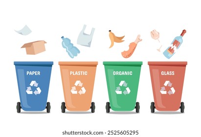 Garbage sorting concept. Recycling bins for plastic, organics, paper and glass. Waste managament and sustainable lifestyle. Recycling and reuse. Flat vector illustration isolated on white background