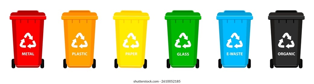 Garbage sorting concept. Set of plastic containers for waste separation. Colored garbage bins with different types of waste: metal, plastic, glass, paper, electronic devices, organic waste. Vector.