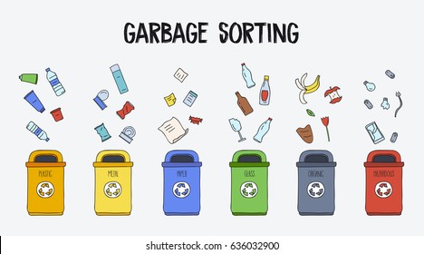 Garbage sorting concept. Trash cans with different types of garbage. Colorful hand drawn doodle illustration.