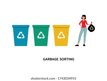 Garbage sorting concept with woman putting a litter bag into trash bins, flat vector illustration isolated on white background. Waste separation for recycling process.