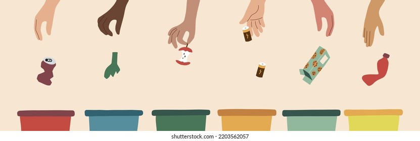 Garbage sorting concept worldwide. Hands of different skin colors throw waste into trash cans. Hand drawn vector illustration in flat style. Ecology and recycling concept