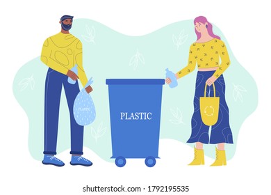 
Garbage sorting concept. Young people throw plastic into special waste bins for plastic. Vector illustration in cartoon style.