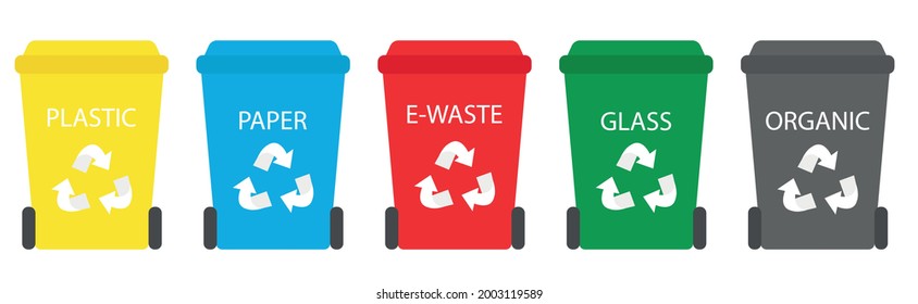 Garbage sorting container: paper, organic, e-waste, glass, plastic. Vector illustration. Rubbish bins for recycling different types of waste.