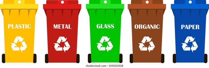 Garbage sorting containers concept of separate waste disposal. Ecology of the city. Set. Vector illustration.