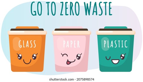 Garbage sorting containers in cute oriental kawaii style. Different color recycle bins with glass, plastic and paper. Zero waste ecology concept. Positive emotions, japanese culture symbol anime