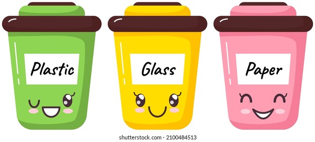 Garbage sorting containers in cute oriental kawaii style. Different color recycle bins with glass, plastic and paper. Zero waste ecology concept. Positive emotions, japanese culture symbol anime