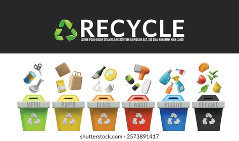 Garbage sorting containers with recycle symbol. Sorting and recycling garbage by material and type. Metal, paper, glass, E-waste, plastic and organic colorful trash bins. Vector render Ecology concept