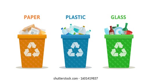 Garbage sorting. Different garbage cans for plastic, glass and paper. Ecology and recycling concept. Vector illustration, flat design, isolated on white background.