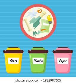 Garbage sorting. Different color recycle bins with glass, plastic and paper. Recycling or reuse. Less garbage on planet. Zero waste ecology concept. Clean planet and environment care, stop pollution