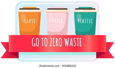 Ordenación de la basura. Diferentes papeleras de reciclaje a color con vidrio, plástico y papel. Reciclaje o reutilización. Menos basura en el planeta. Concepto de ecología de basura cero. Planeta limpio y cuidado del medio ambiente, detengan la contaminación