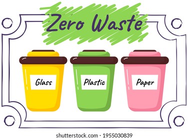 Ordenación de la basura. Diferentes papeleras de reciclaje a color con vidrio, plástico y papel. Concepto de basura cero