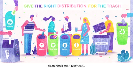 Garbage sorting, ecology maintenance, recycled vector. Trash bins for glass and clothes, metal, plastic, appliances and organic wastes rubbish. Peoples sorting different types of garbage for recycling