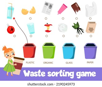 Garbage sorting educational children game. Match trash with bin plastic, organic and glass. Sorter activity for kids.