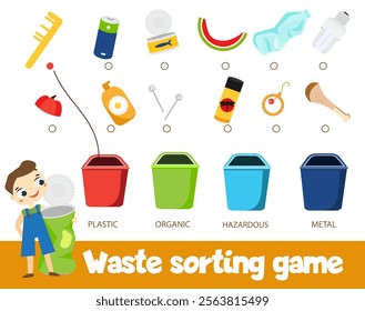 Garbage sorting educational children game. Match trash with bin plastic, organic, metal. Sorter activity for kids.