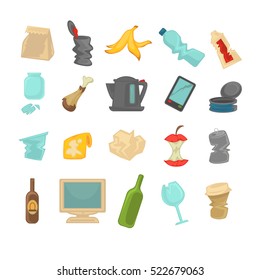 Garbage sorting food waste, glass, metal and paper, plastic electronic, organic icons set. Vector Illustration.