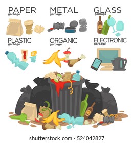 Garbage Sorting Food Waste, Glass, Metal And Paper, Plastic Electronic, Organic. Pile Of Smelling Decaying Garbage Left Lying Around. Vector Illustration.