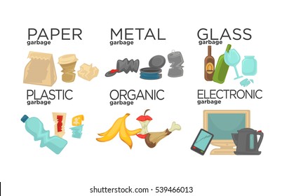 Garbage sorting food waste, glass, metal and paper, plastic electronic, organic. Pile of Smelling Decaying Garbage Left Lying Around. Vector Illustration.