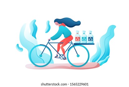 Garbage sorting girl transporting trash bags for recycling, no pollution concept, bicycle riding, clean environment, flat cartoon vector ecology illustration