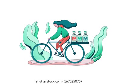 Garbage sorting girl transporting trash bags for recycling, no pollution concept, bicycle riding, clean environment, flat cartoon vector ecology illustration