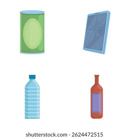 Garbage sorting icons set cartoon vector. Different type of garbage. Ecology, recycling concept